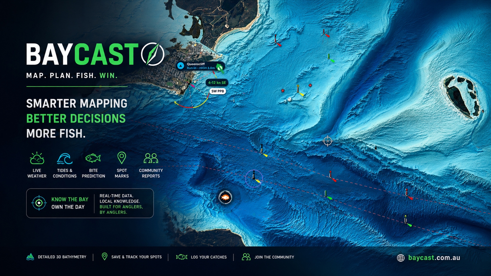 BayCast 3D bathymetry view of Port Phillip Heads — Queenscliff, Pope's Eye and the Rip — with tide, wind, drift line and community fishing marks overlaid