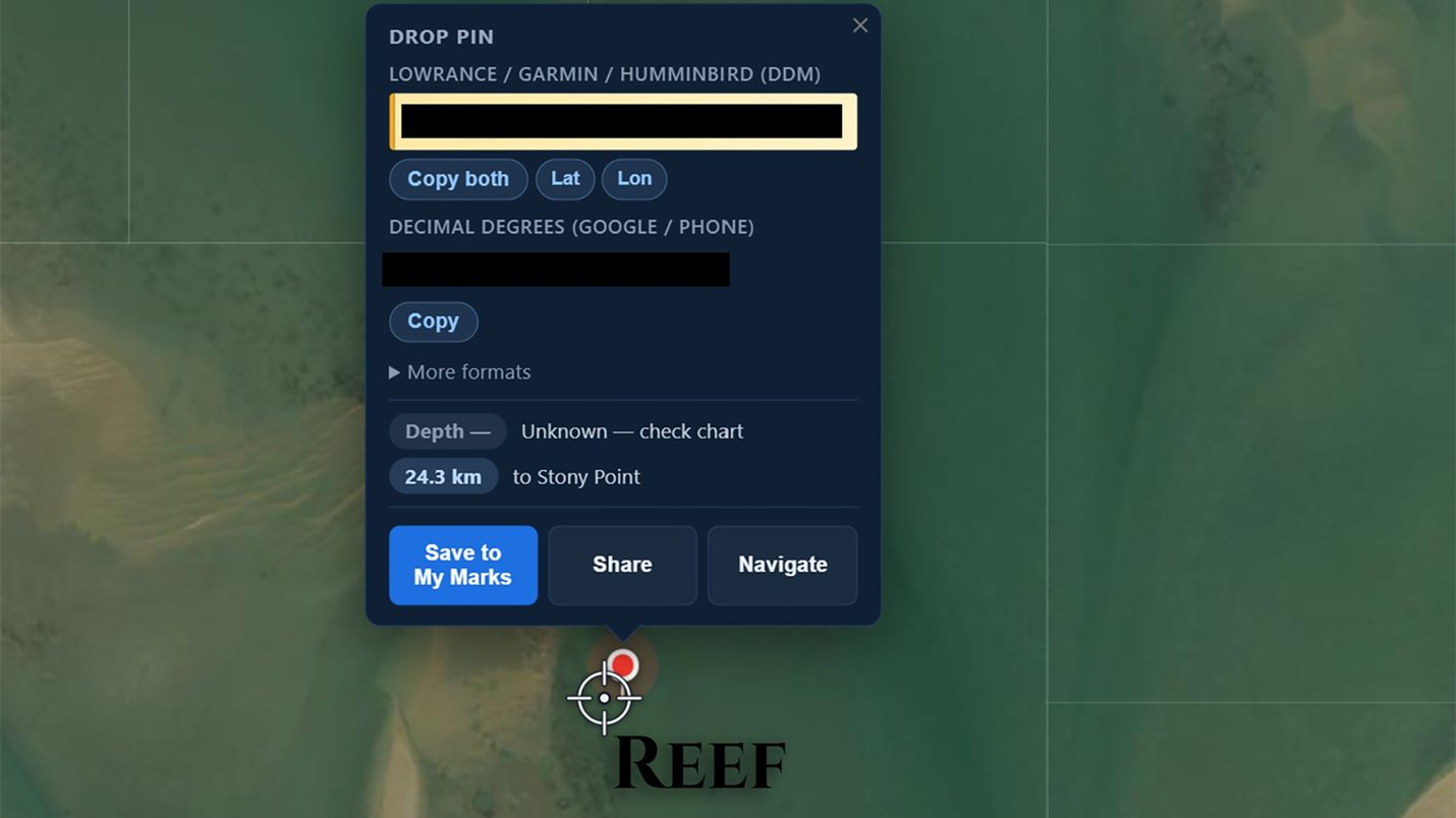 BayCast Drop Pin tool showing a GPS mark in DDM format for Lowrance, Garmin and Humminbird plotters, with decimal degrees for Google Maps and phones, depth, distance to Stony Point ramp, and Save / Share / Navigate buttons.